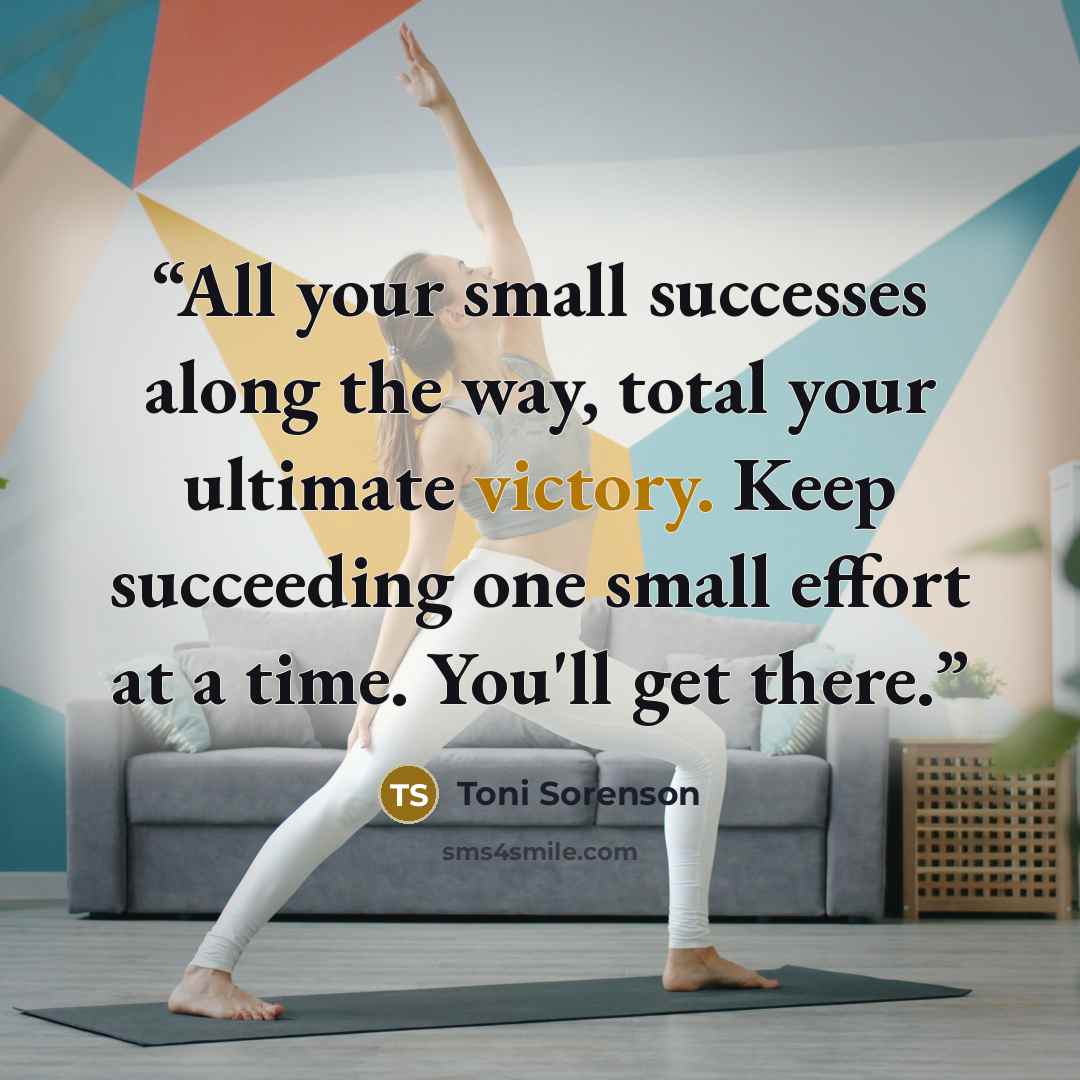 “All your small successes along the way, total your ultimate victory. Keep succeeding one small effort at a time. You'll get there.” quote by Toni Sorenson