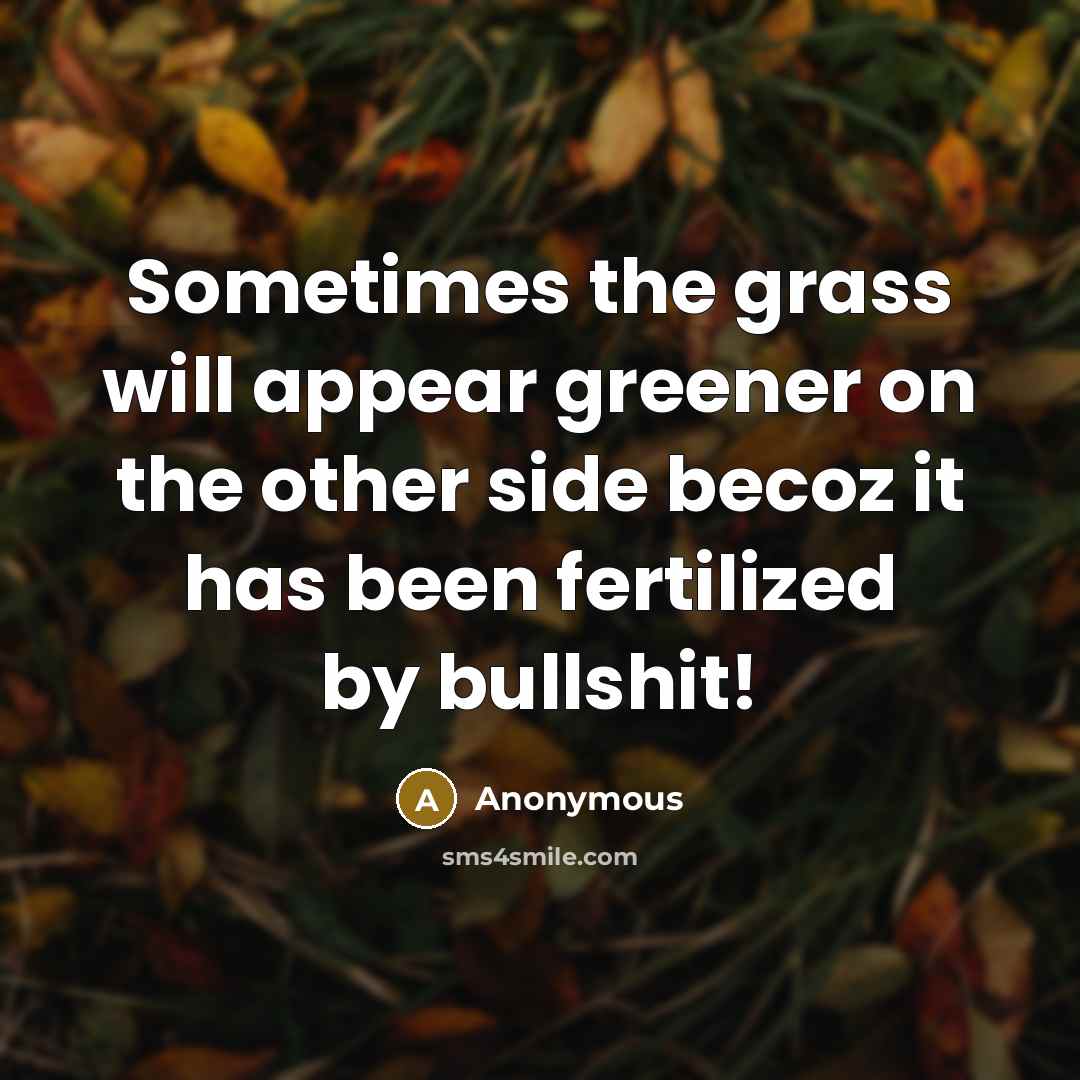 “Sometimes the grass will appear greener on the other side becoz it has been fertilized by bullshit!” quote by Anonymous