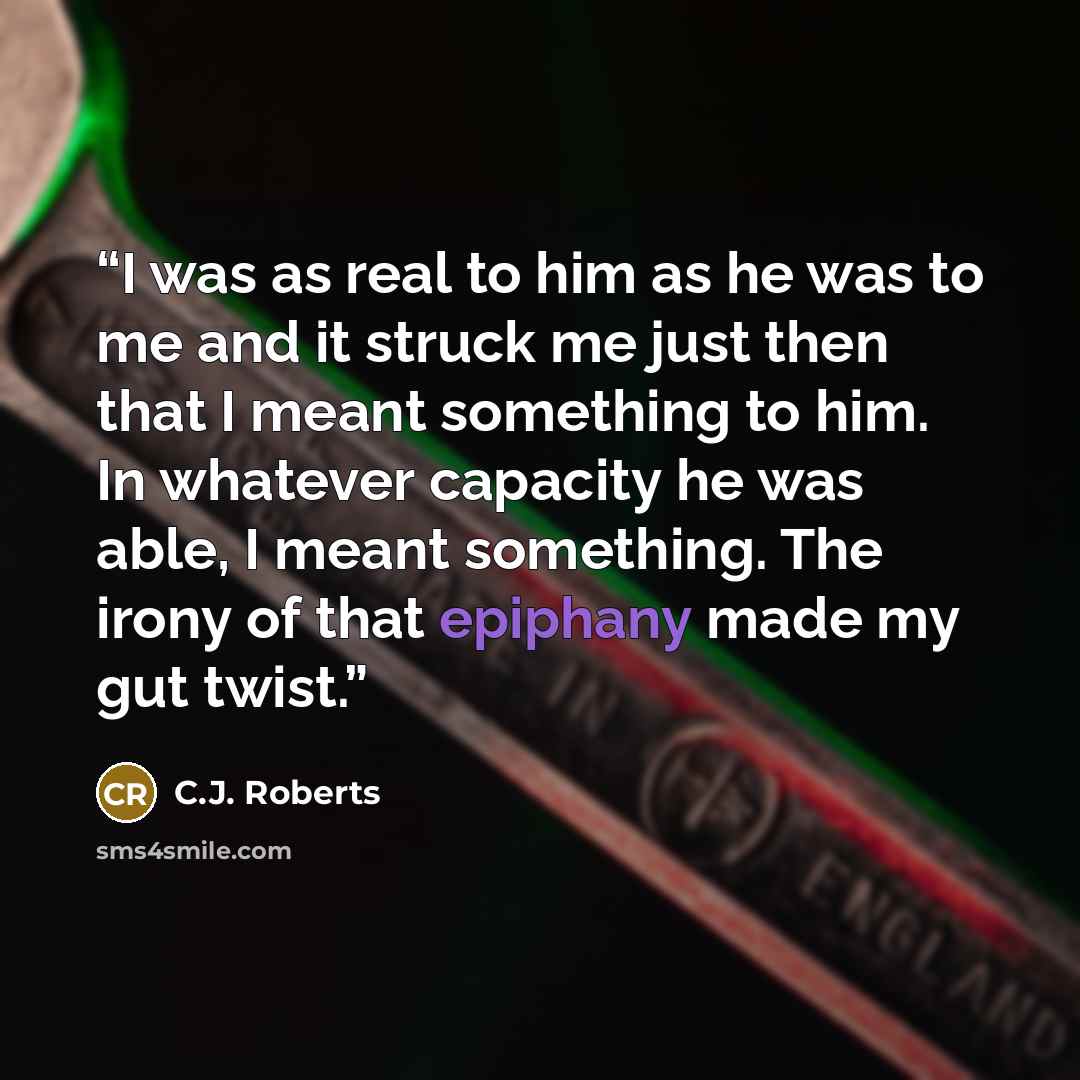 “I was as real to him as he was to me and it struck me just then that I meant something to him. In whatever capacity he was able, I meant something. The irony of that epiphany made my gut twist.” quote by C.J. Roberts