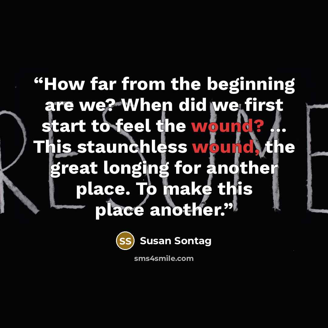 “How far from the beginning are we? When did we first start to feel the wound? … This staunchless wound, the great longing for another place. To make this place another.” quote by Susan Sontag