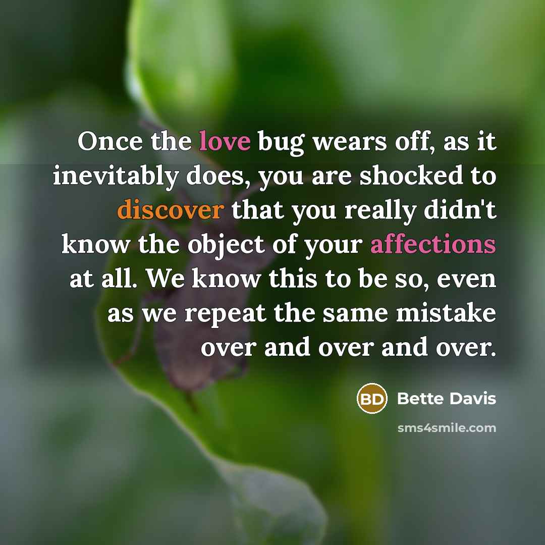 “Once the love bug wears off, as it inevitably does, you are shocked to discover that you really didn't know the object of your affections at all. We know this to be so, even as we repeat the same mistake over and over and over.” quote by Bette Davis