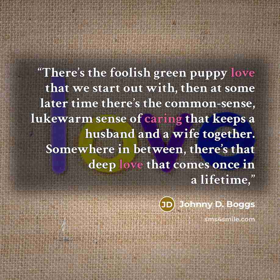 “There’s the foolish green puppy love that we start out with, then at some later time there’s the common-sense, lukewarm sense of caring that keeps a husband and a wife together. Somewhere in between, there’s that deep love that comes once in a lifetime,” quote by Johnny D. Boggs