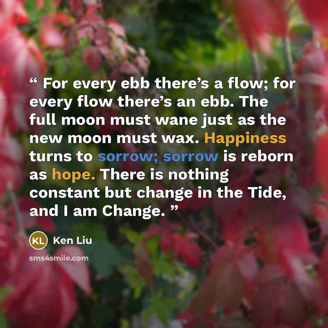 “For every ebb there’s a flow; for every flow there’s an ebb. The full moon must wane just as the new moon must wax. Happiness turns to sorrow; sorrow is reborn as hope. There is nothing constant but change in the Tide, and I am Change.” quote by Ken Liu