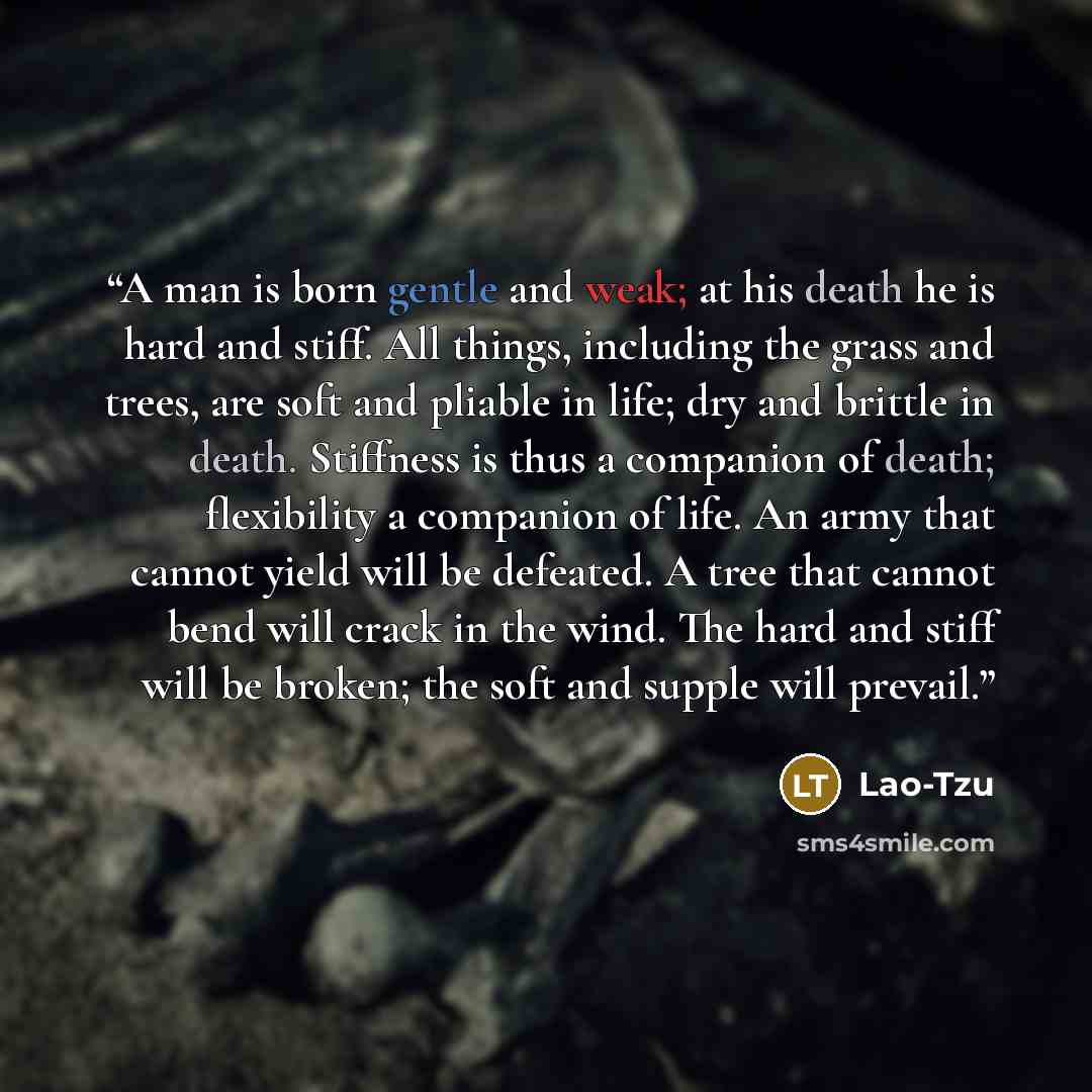 “A man is born gentle and weak; at his death he is hard and stiff. All things, including the grass and trees, are soft and pliable in life; dry and brittle in death. Stiffness is thus a companion of death; flexibility a companion of life. An army that cannot yield will be defeated. A tree that…” quote by Lao-Tzu