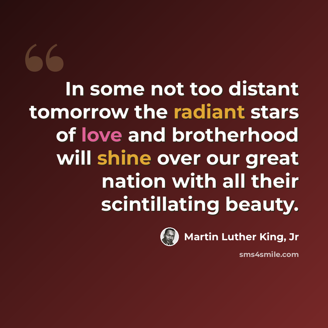 “In some not too distant tomorrow the radiant stars of love and brotherhood will shine over our great nation with all their scintillating beauty.” quote by Martin Luther King, Jr