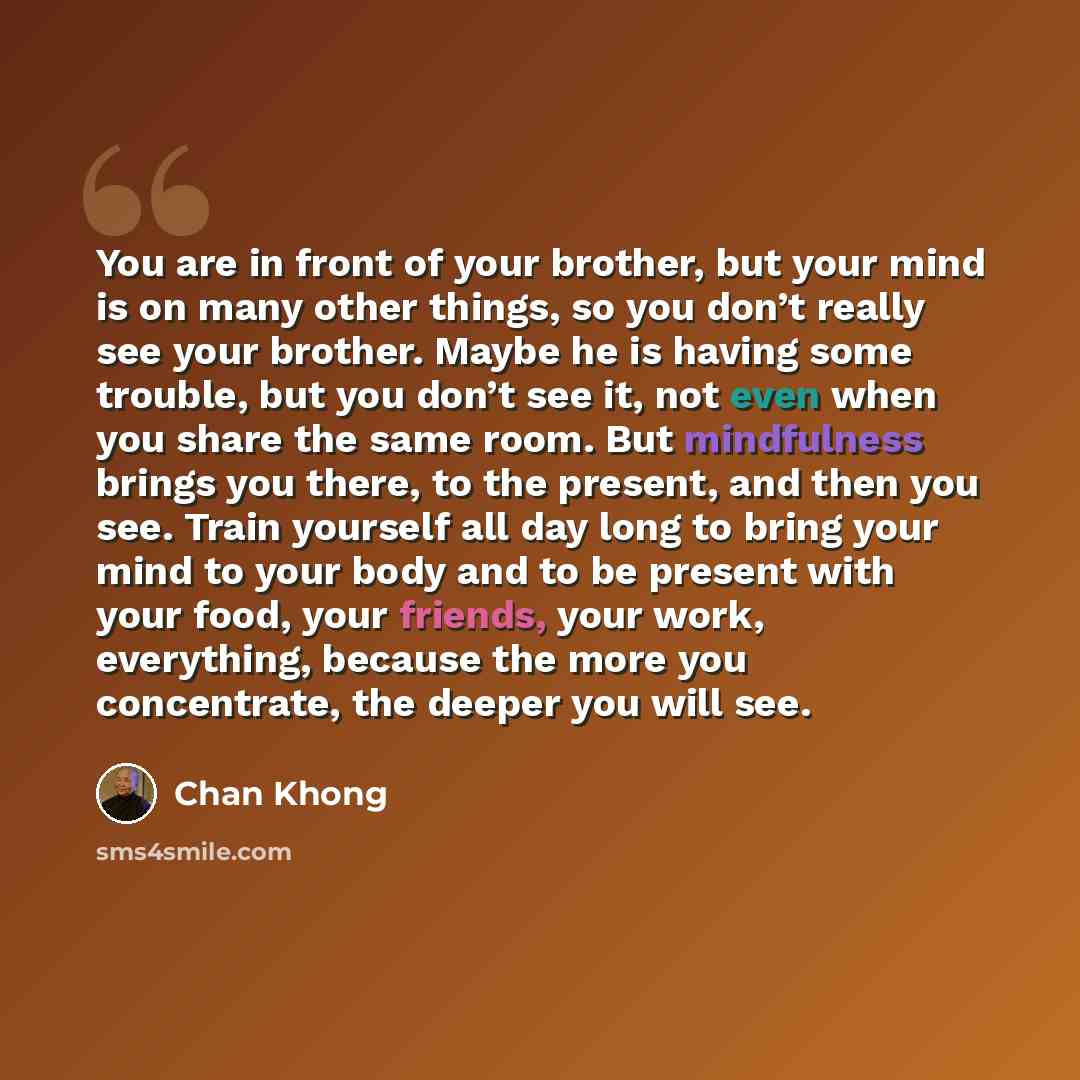 “You are in front of your brother, but your mind is on many other things, so you don’t really see your brother. Maybe he is having some trouble, but you don’t see it, not even when you share the same room. But mindfulness brings you there, to the present, and then you see. Train yourself all day…” quote by Chan Khong