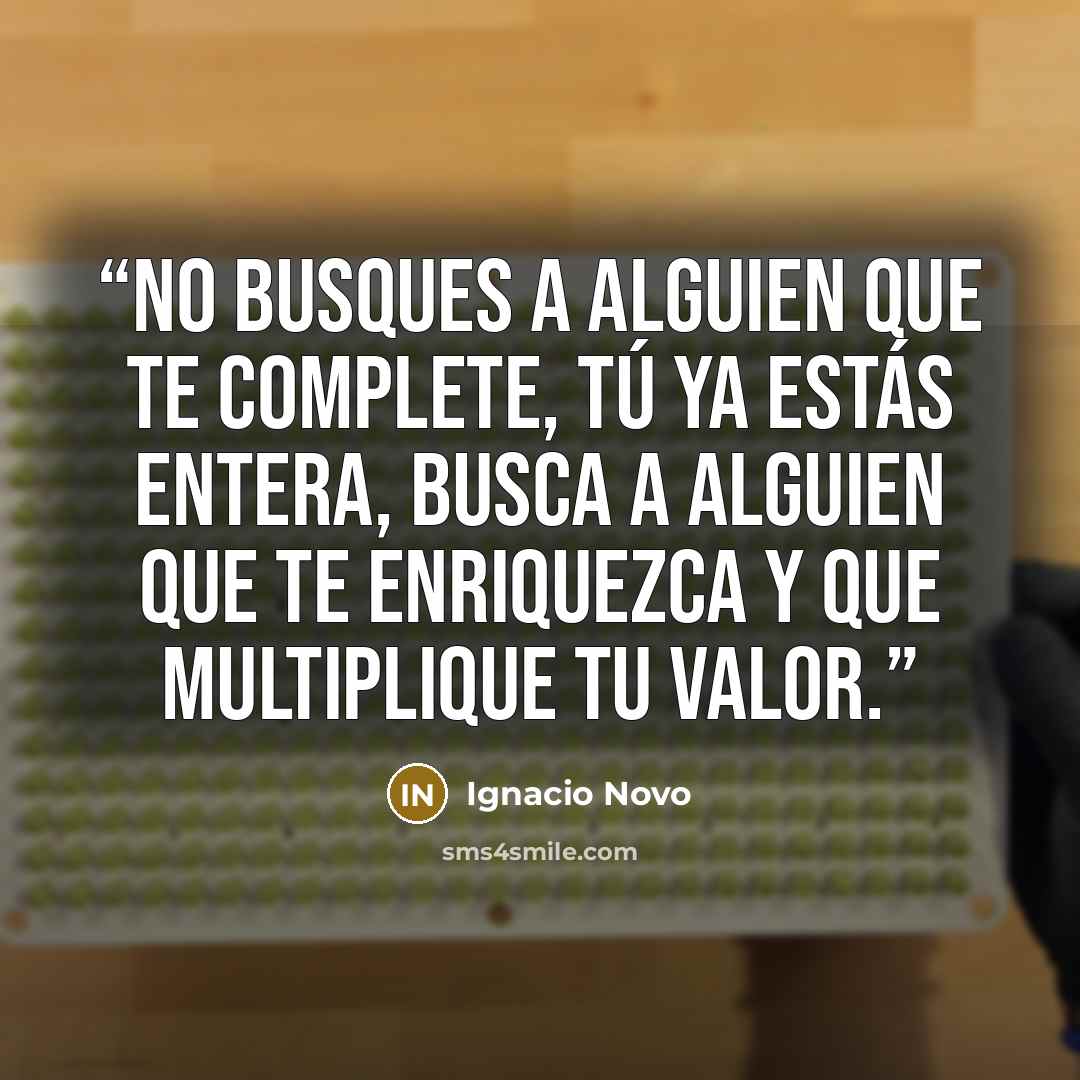 “No busques a alguien que te complete, tú ya estás entera, busca a alguien que te enriquezca y que multiplique tu valor.” quote by Ignacio Novo