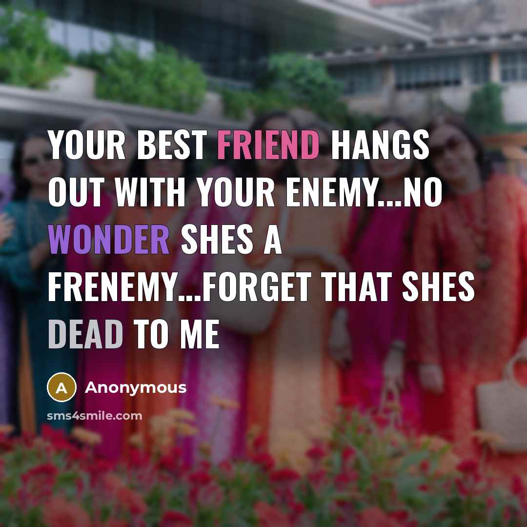 “Your Best friend hangs out with your enemy...no wonder shes a frenemy…forget that shes dead to me” quote by Anonymous