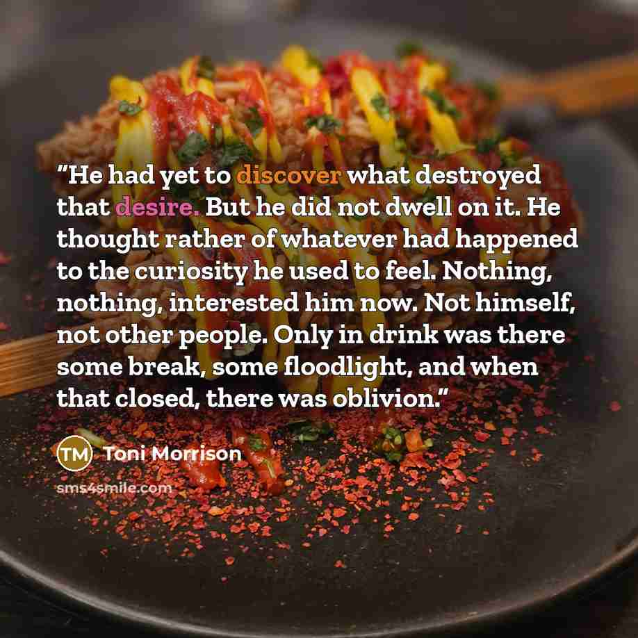 “He had yet to discover what destroyed that desire. But he did not dwell on it. He thought rather of whatever had happened to the curiosity he used to feel. Nothing, nothing, interested him now. Not himself, not other people. Only in drink was there some break, some floodlight, and when that…” quote by Toni Morrison