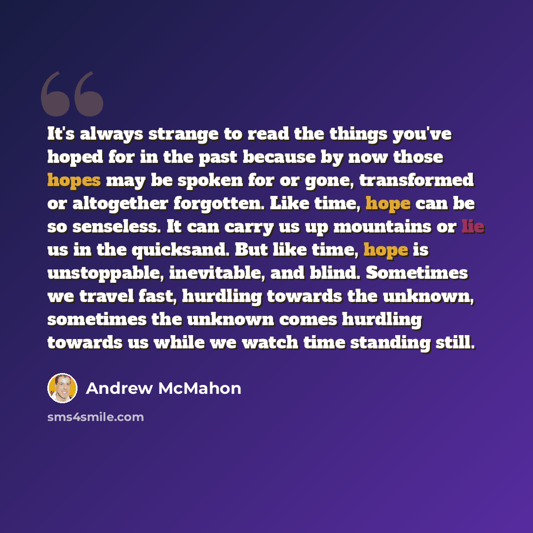 “It's always strange to read the things you've hoped for in the past because by now those hopes may be spoken for or gone, transformed or altogether forgotten. Like time, hope can be so senseless. It can carry us up mountains or lie us in the quicksand. But like time, hope is unstoppable…” quote by Andrew McMahon