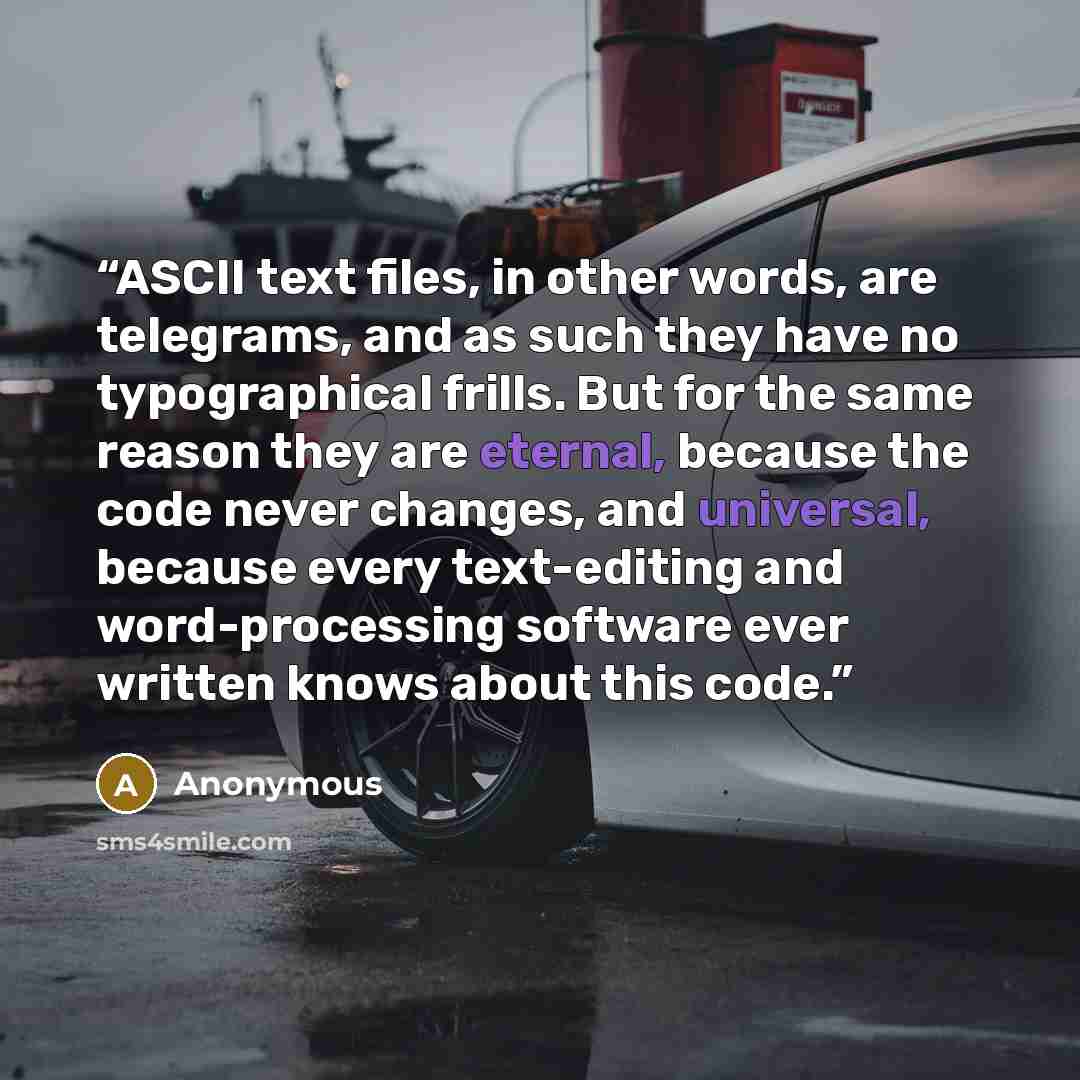 “ASCII text files, in other words, are telegrams, and as such they have no typographical frills. But for the same reason they are eternal, because the code never changes, and universal, because every text-editing and word-processing software ever written knows about this code.” quote by Anonymous