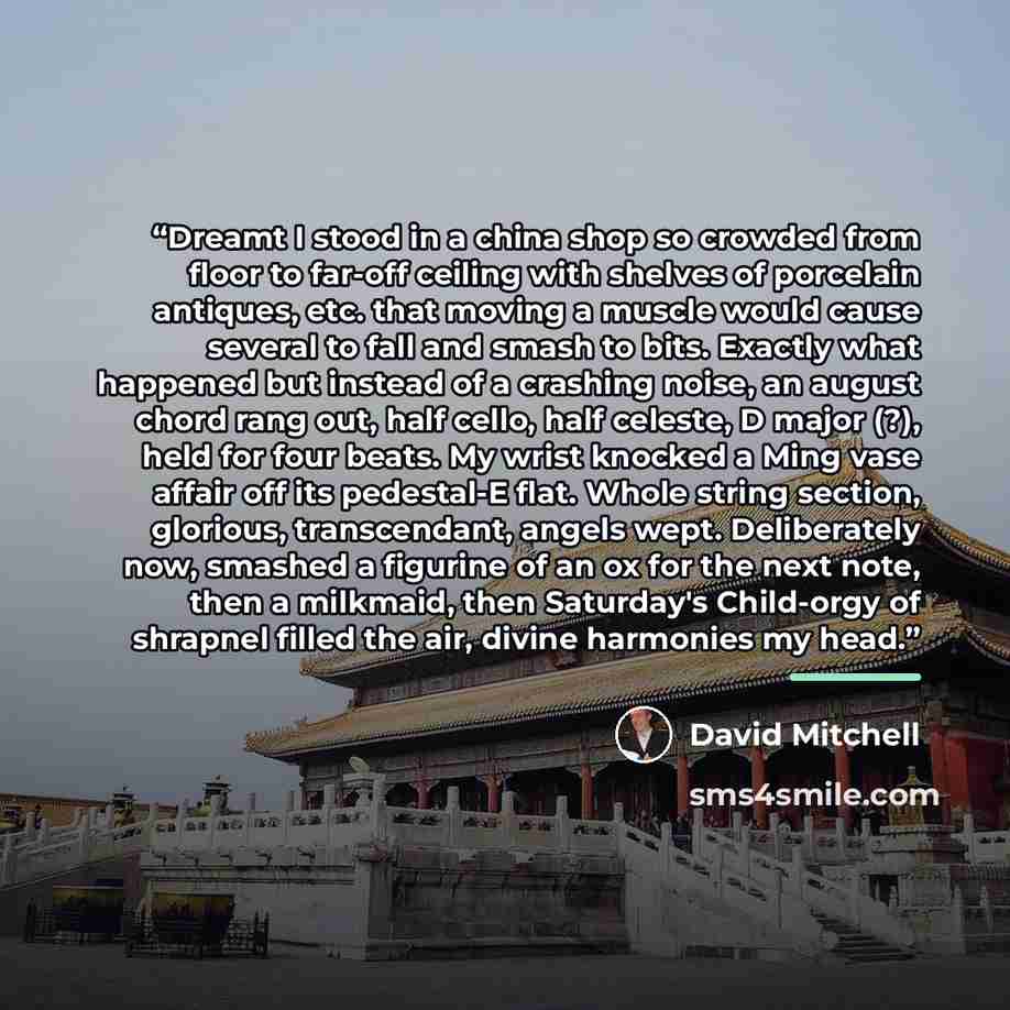 “Dreamt I stood in a china shop so crowded from floor to far-off ceiling with shelves of porcelain antiques, etc. that moving a muscle would cause several to fall and smash to bits. Exactly what happened but instead of a crashing noise, an august chord rang out, half cello, half celeste, D major…” quote by David Mitchell
