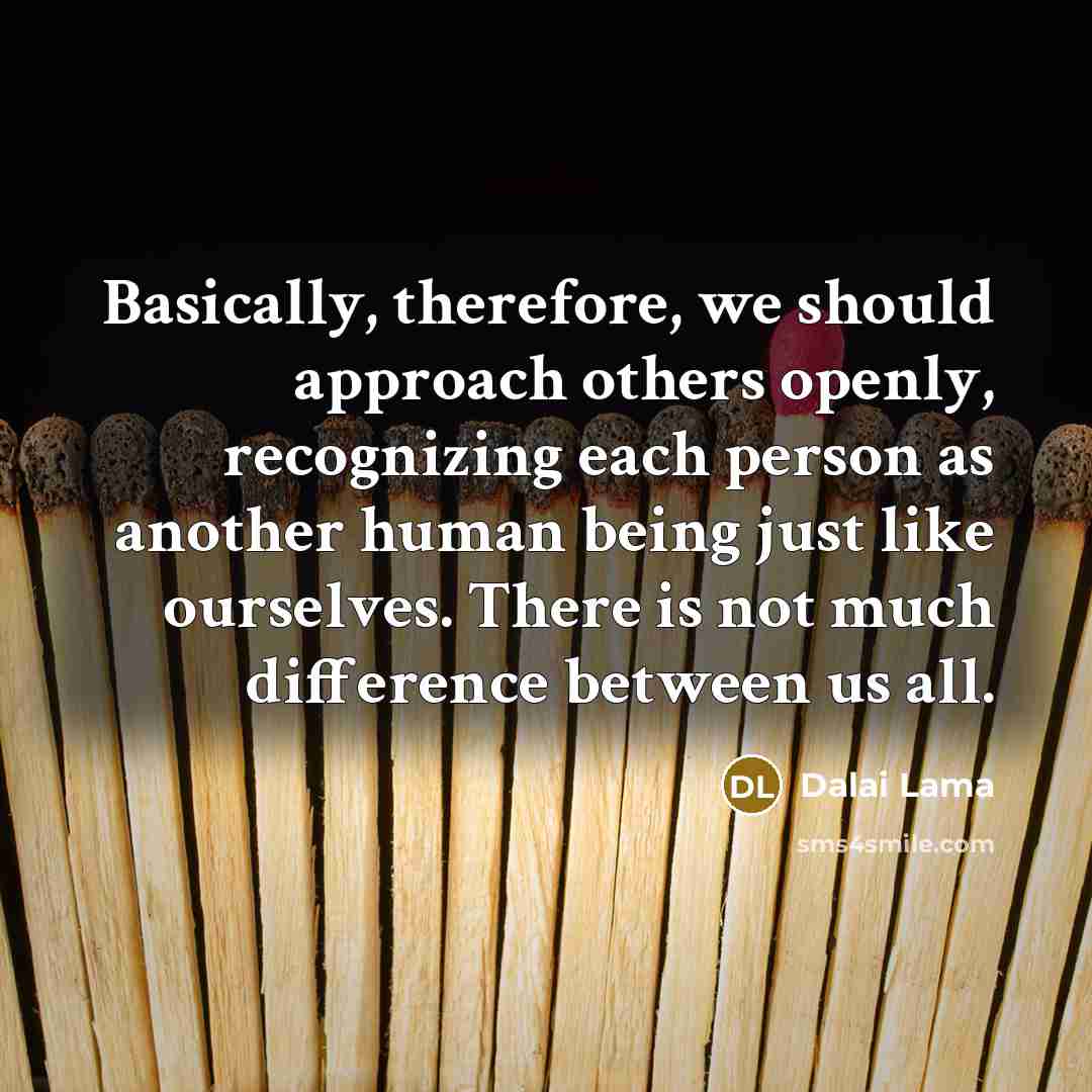 “Basically, therefore, we should approach others openly, recognizing each person as another human being just like ourselves. There is not much difference between us all.” quote by Dalai Lama