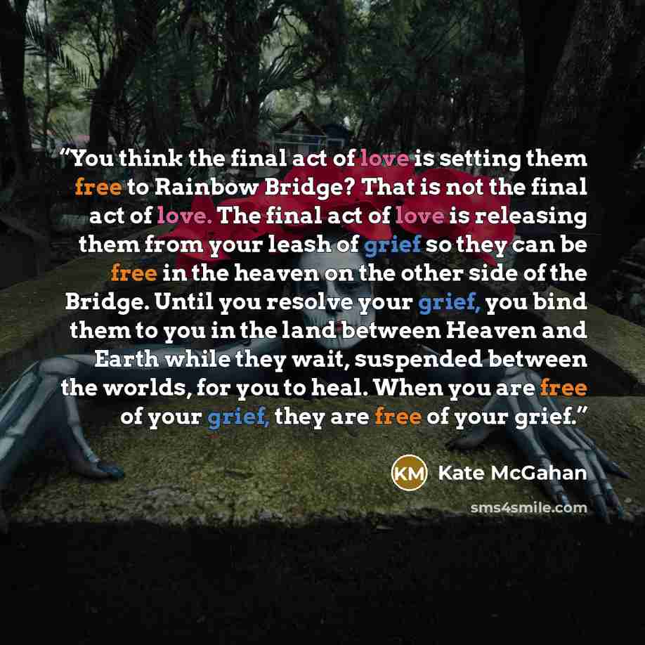 “You think the final act of love is setting them free to Rainbow Bridge? That is not the final act of love. The final act of love is releasing them from your leash of grief so they can be free in the heaven on the other side of the Bridge. Until you resolve your grief, you bind them to you in the…” quote by Kate McGahan