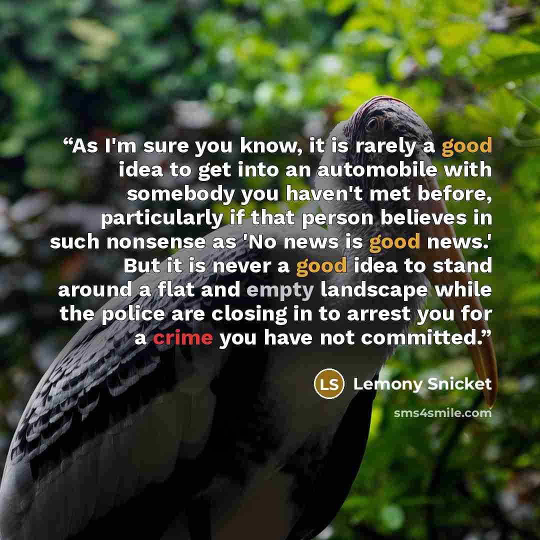 “As I'm sure you know, it is rarely a good idea to get into an automobile with somebody you haven't met before, particularly if that person believes in such nonsense as 'No news is good news.' But it is never a good idea to stand around a flat and empty landscape while the police are closing in to…” quote by Lemony Snicket