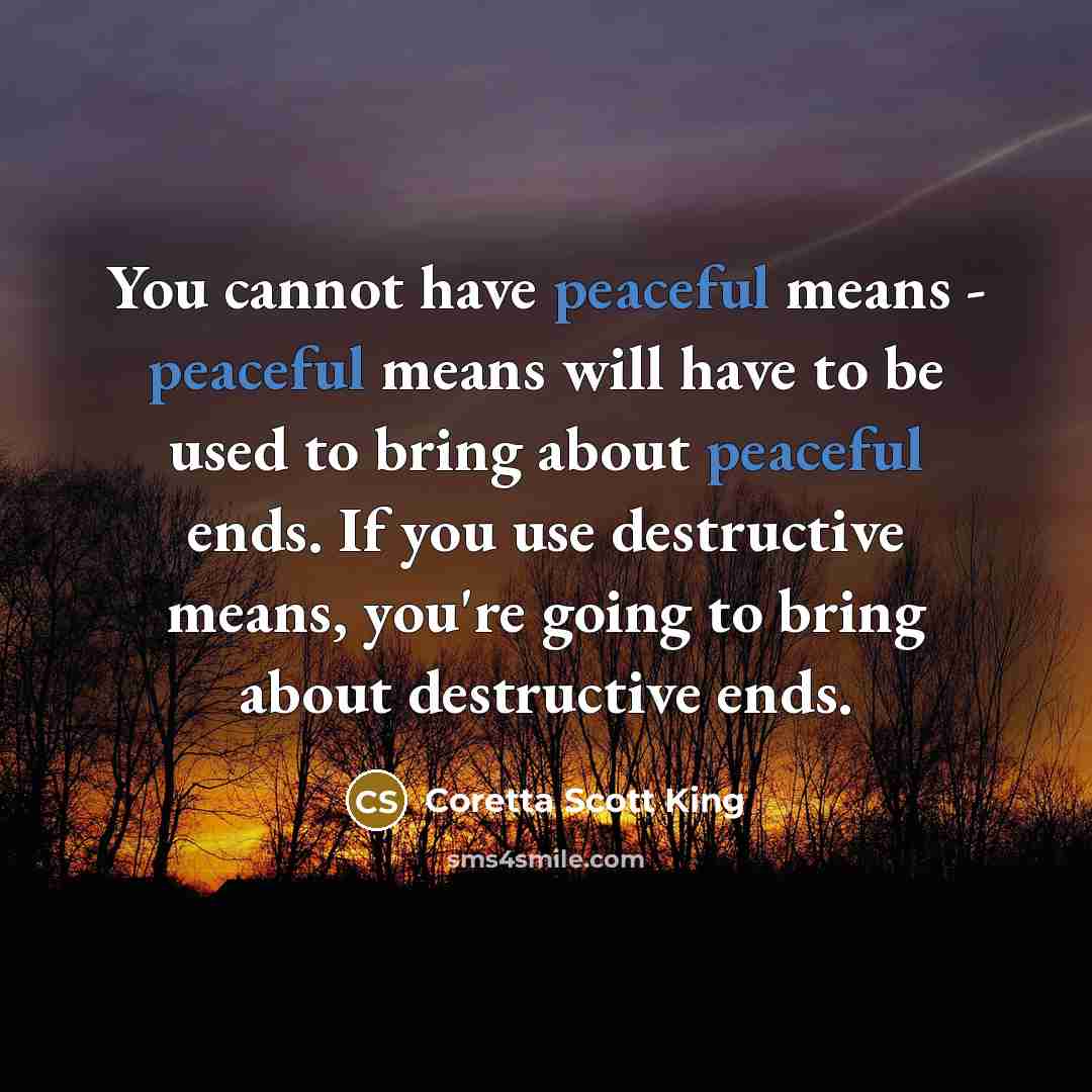 “You cannot have peaceful means - peaceful means will have to be used to bring about peaceful ends. If you use destructive means, you're going to bring about destructive ends.” quote by Coretta Scott King