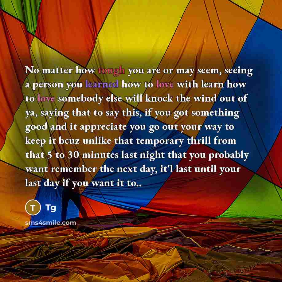 “No matter how tough you are or may seem, seeing a person you learned how to love with learn how to love somebody else will knock the wind out of ya, saying that to say this, if you got something good and it appreciate you go out your way to keep it bcuz unlike that temporary thrill from that 5 to…” quote by Tg