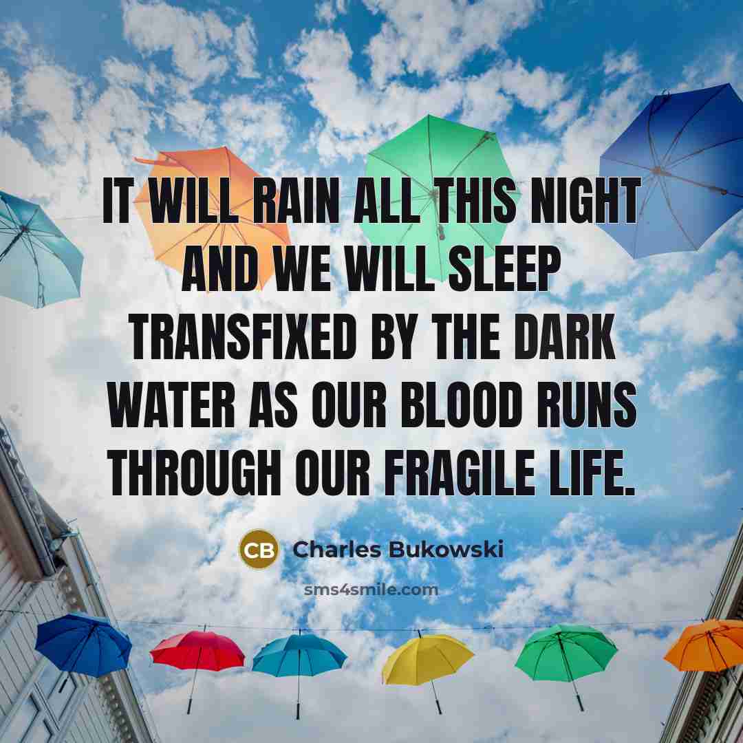 “It will rain all this night and we will sleep transfixed by the dark water as our blood runs through our fragile life.” quote by Charles Bukowski