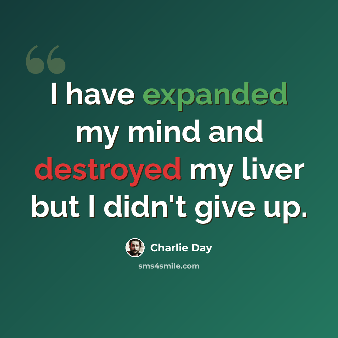 “I have expanded my mind and destroyed my liver but I didn't give up.” quote by Charlie Day