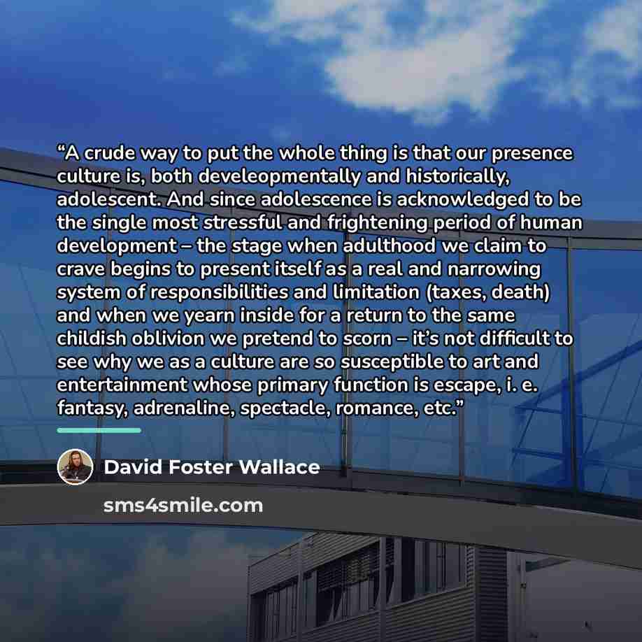 “A crude way to put the whole thing is that our presence culture is, both develeopmentally and historically, adolescent. And since adolescence is acknowledged to be the single most stressful and frightening period of human development – the stage when adulthood we claim to crave begins to present…” quote by David Foster Wallace