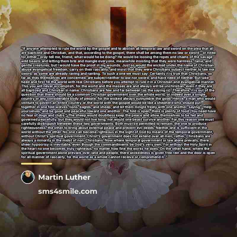 “If anyone attempted to rule the world by the gospel and to abolish all temporal law and sword on the plea that all are baptized and Christian, and that, according to the gospel, there shall be among them no law or sword - or need for either - pray tell me, friend, what would he be doing? He would…” quote by Martin Luther