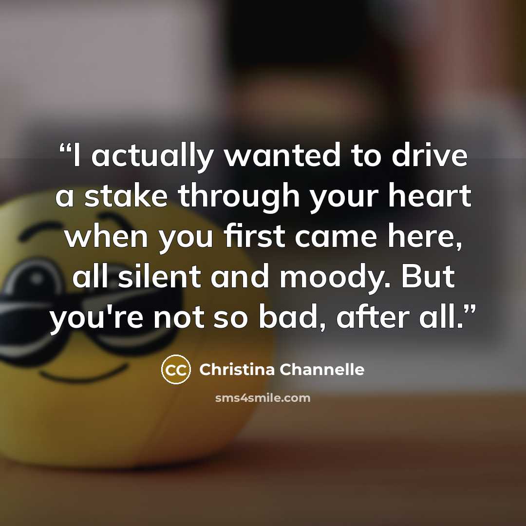 “I actually wanted to drive a stake through your heart when you first came here, all silent and moody. But you're not so bad, after all.” quote by Christina Channelle