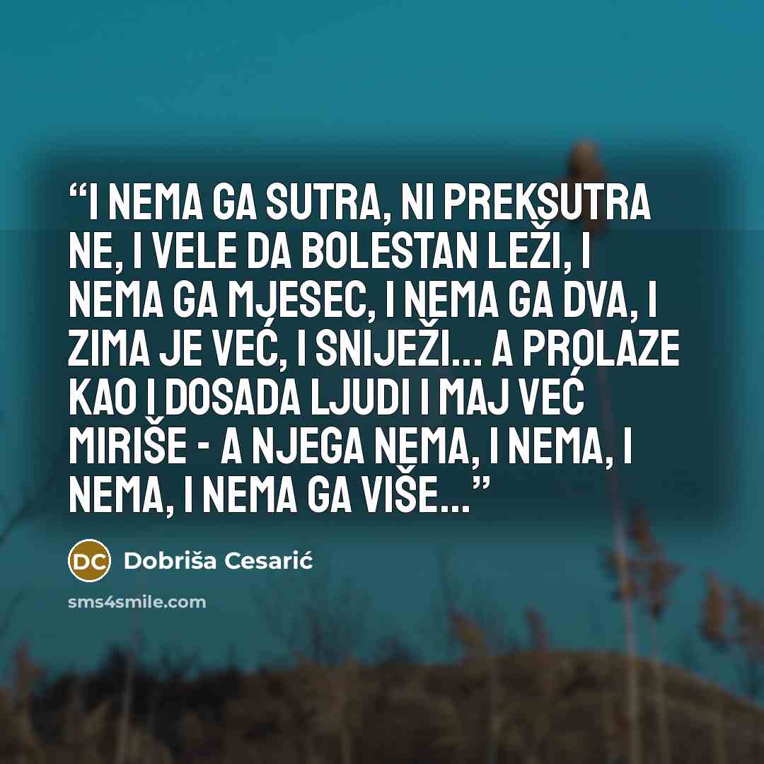 “I nema ga sutra, ni preksutra ne, I vele da bolestan leži, I nema ga mjesec, I nema ga dva, I zima je već, I sniježi... A prolaze kao i dosada ljudi I maj već miriše - A njega nema, i nema, i nema, I nema ga više...” quote by Dobriša Cesarić