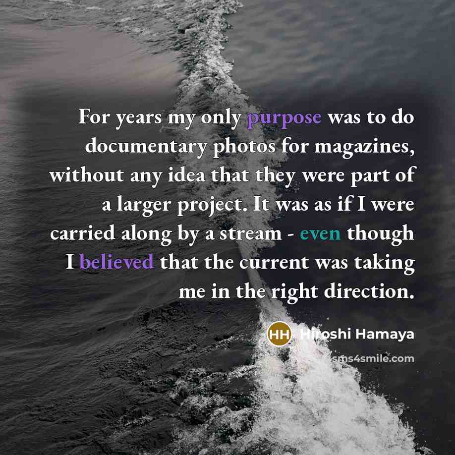 “For years my only purpose was to do documentary photos for magazines, without any idea that they were part of a larger project. It was as if I were carried along by a stream - even though I believed that the current was taking me in the right direction.” quote by Hiroshi Hamaya