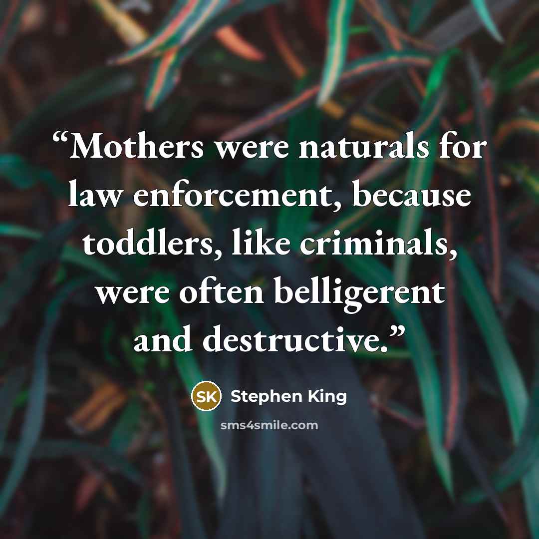 “Mothers were naturals for law enforcement, because toddlers, like criminals, were often belligerent and destructive.” quote by Stephen King