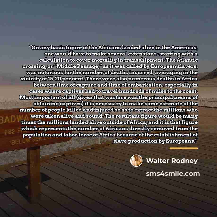 “On any basic figure of the Africans landed alive in the Americas, one would have to make several extensions- starting with a calculation to cover mortality in transshipment. The Atlantic crossing, or “Middle Passage,” as it was called by European slavers, was notorious for the number of deaths…” quote by Walter Rodney