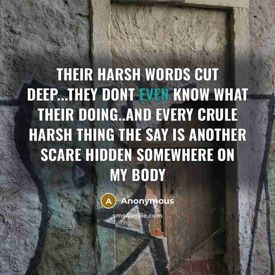 “Their harsh words cut deep...they dont even know what their doing..and every crule harsh thing the say is another scare hidden somewhere on my body” quote by Anonymous