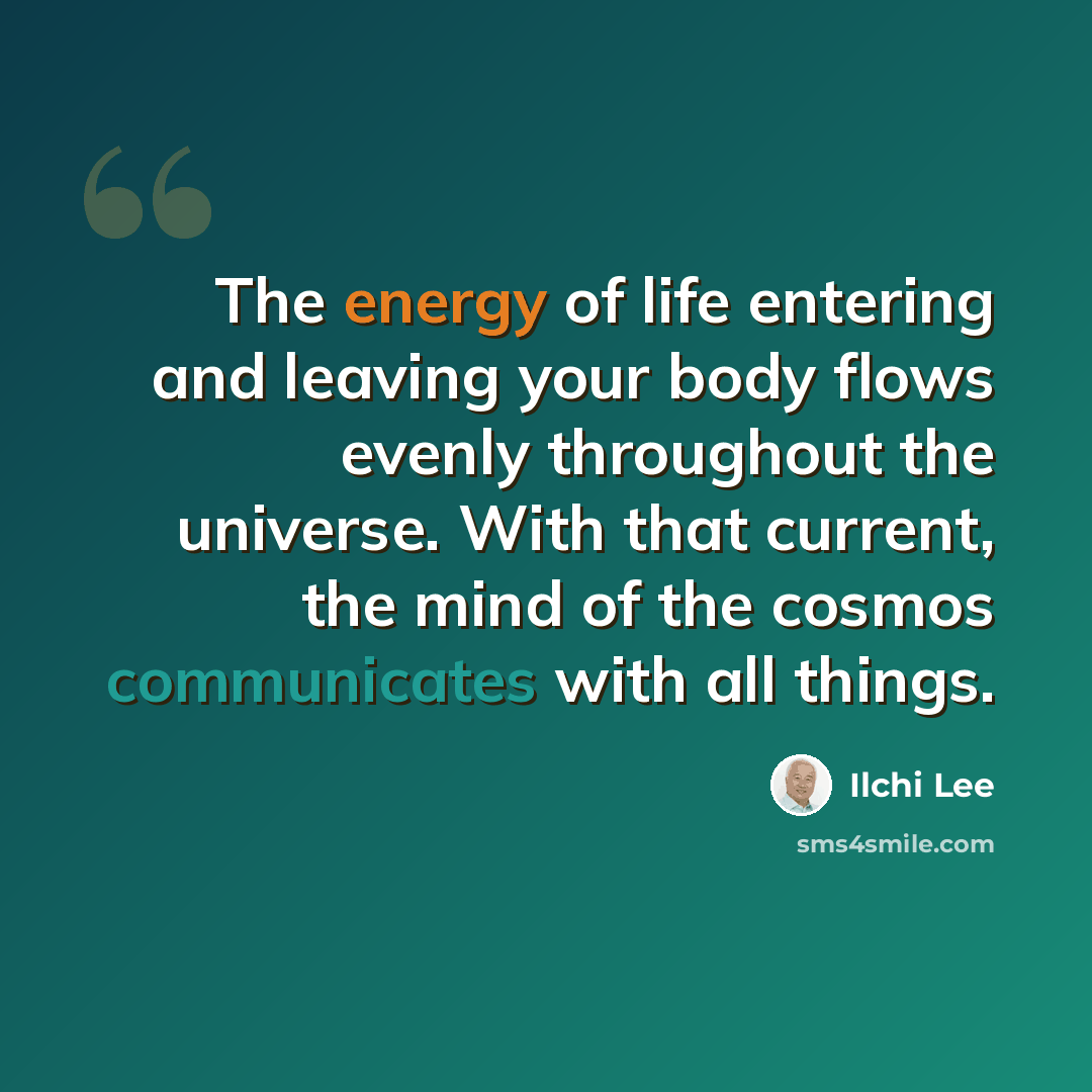 “The energy of life entering and leaving your body flows evenly throughout the universe. With that current, the mind of the cosmos communicates with all things.” quote by Ilchi Lee