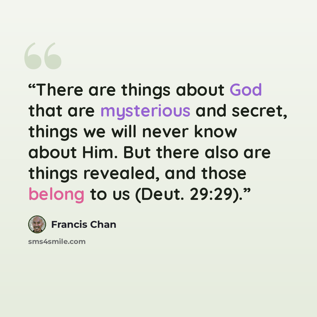 “There are things about God that are mysterious and secret, things we will never know about Him. But there also are things revealed, and those belong to us (Deut. 29:29).” quote by Francis Chan