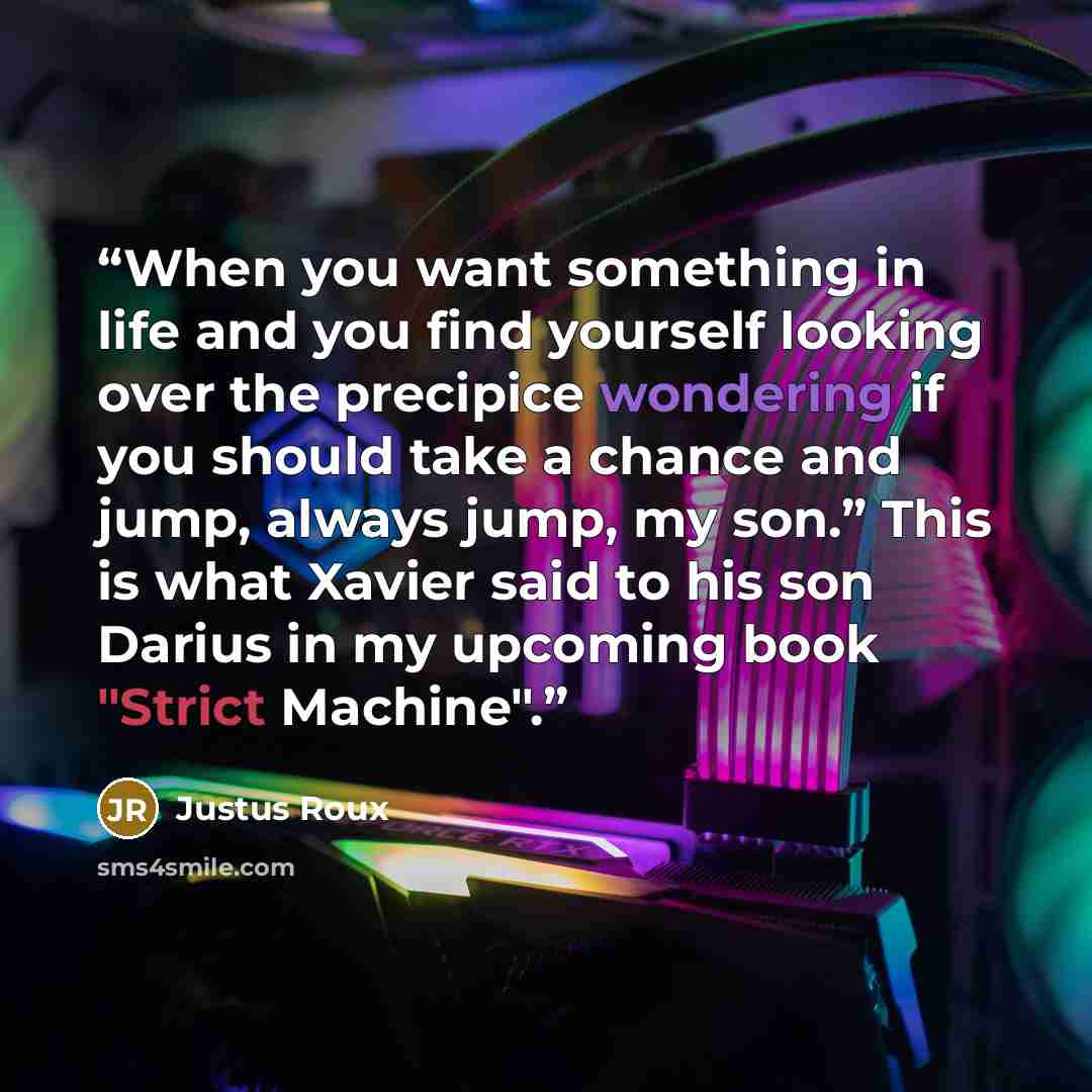“When you want something in life and you find yourself looking over the precipice wondering if you should take a chance and jump, always jump, my son.” This is what Xavier said to his son Darius in my upcoming book "Strict Machine".” quote by Justus Roux
