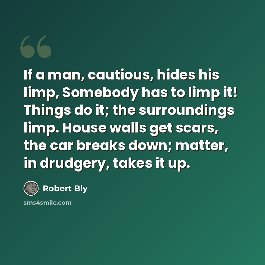 “If a man, cautious, hides his limp, Somebody has to limp it! Things do it; the surroundings limp. House walls get scars, the car breaks down; matter, in drudgery, takes it up.” quote by Robert Bly