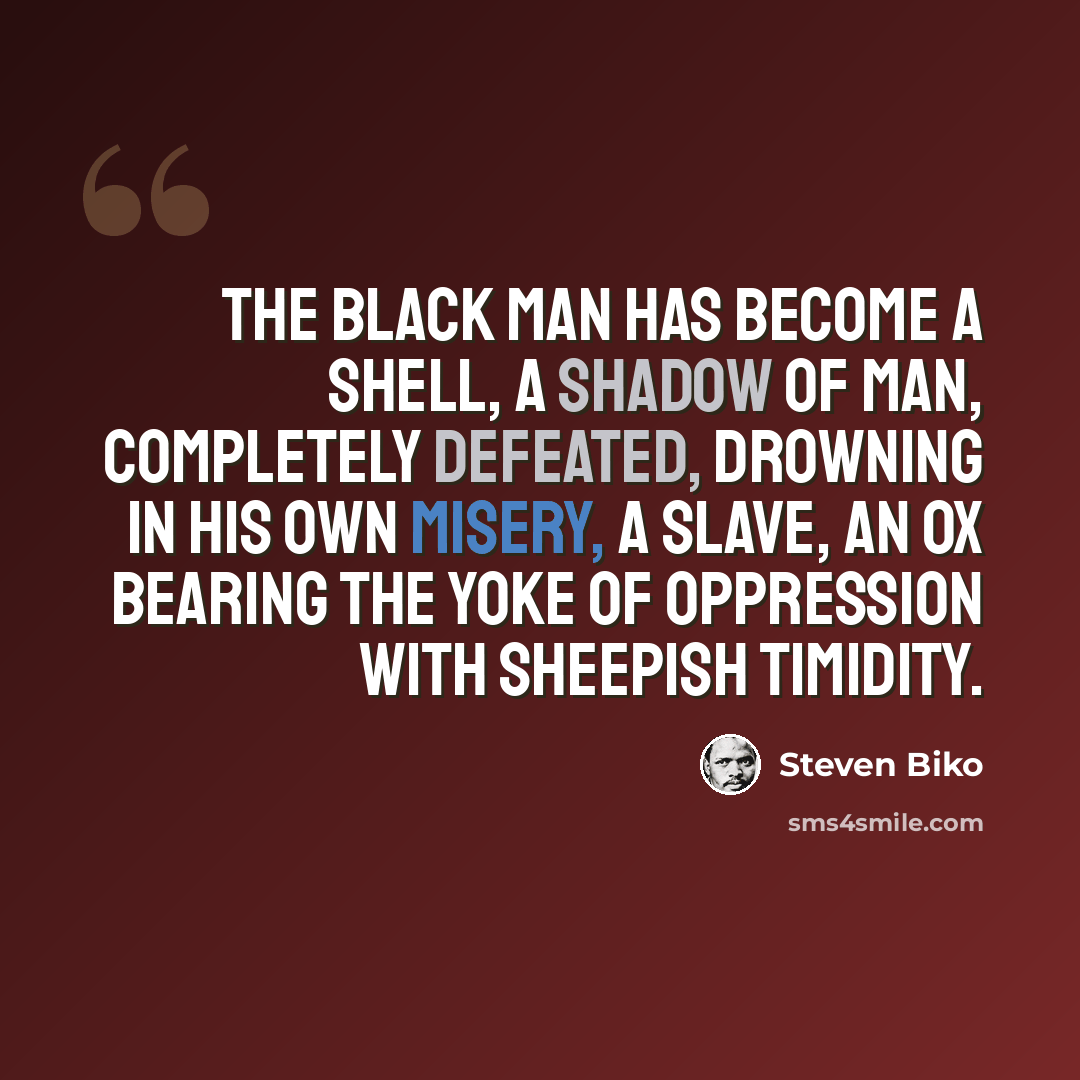 “The black man has become a shell, a shadow of man, completely defeated, drowning in his own misery, a slave, an ox bearing the yoke of oppression with sheepish timidity.” quote by Steven Biko