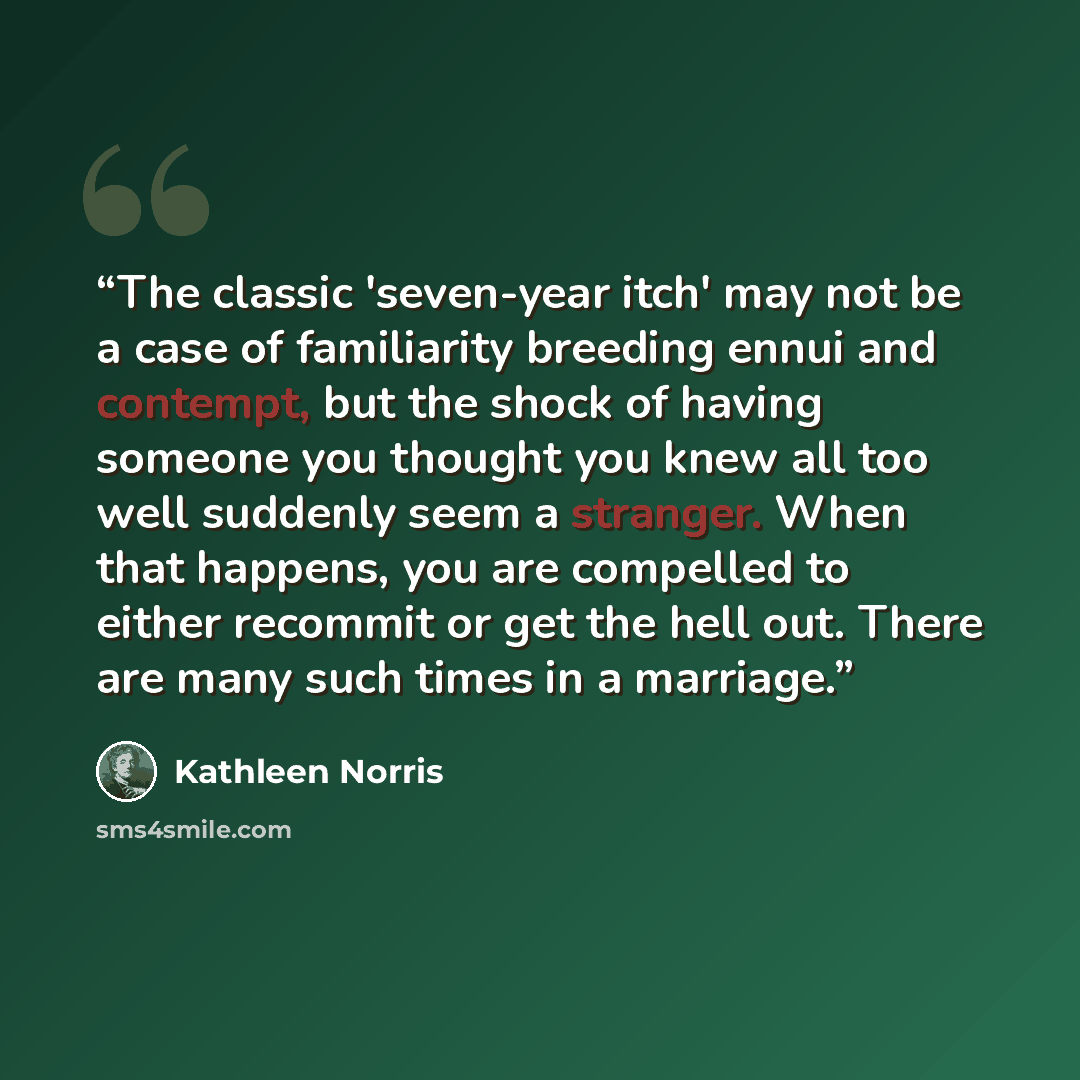 “The classic 'seven-year itch' may not be a case of familiarity breeding ennui and contempt, but the shock of having someone you thought you knew all too well suddenly seem a stranger. When that happens, you are compelled to either recommit or get the hell out. There are many such times in a…” quote by Kathleen Norris