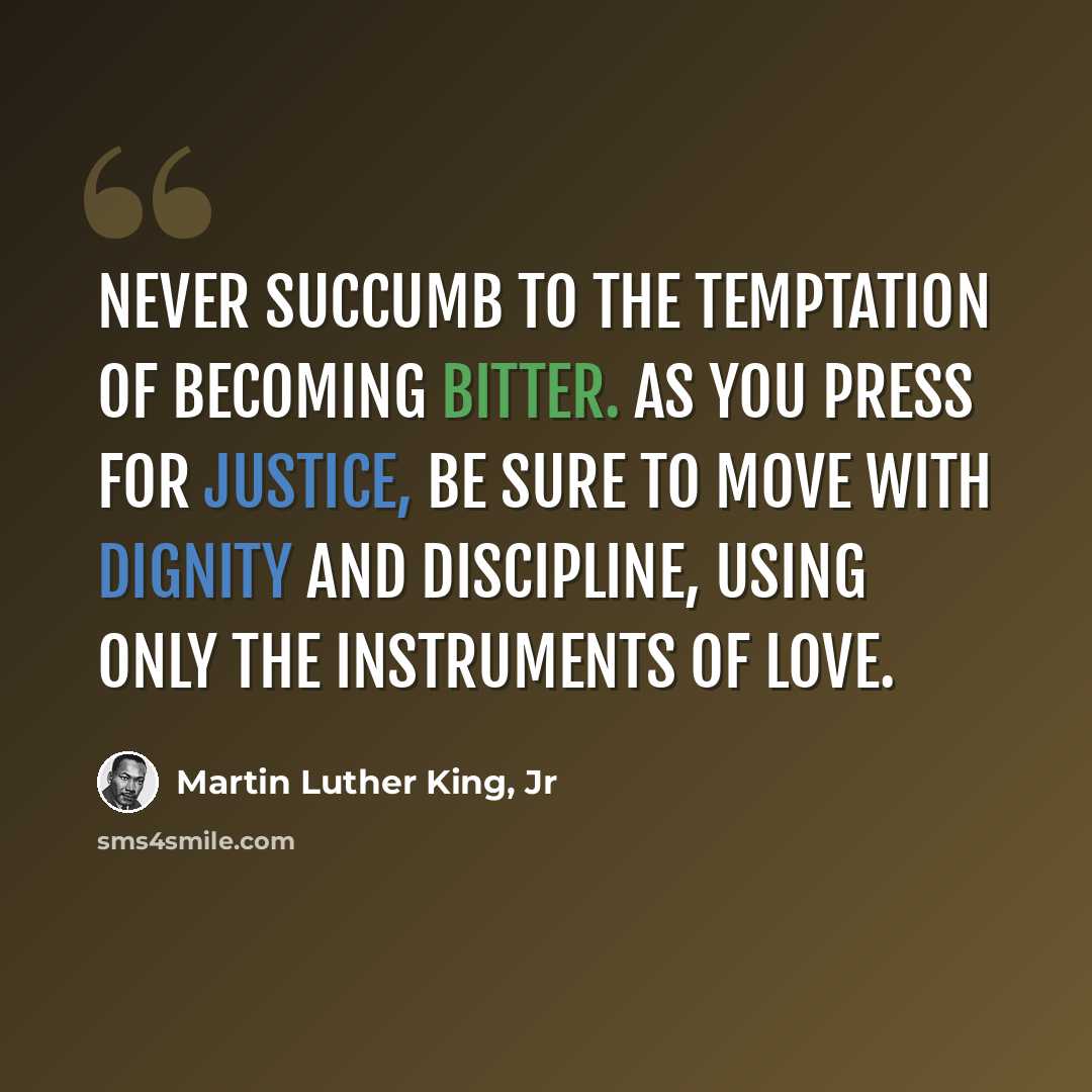 “Never succumb to the temptation of becoming bitter. As you press for justice, be sure to move with dignity and discipline, using only the instruments of love.” quote by Martin Luther King, Jr