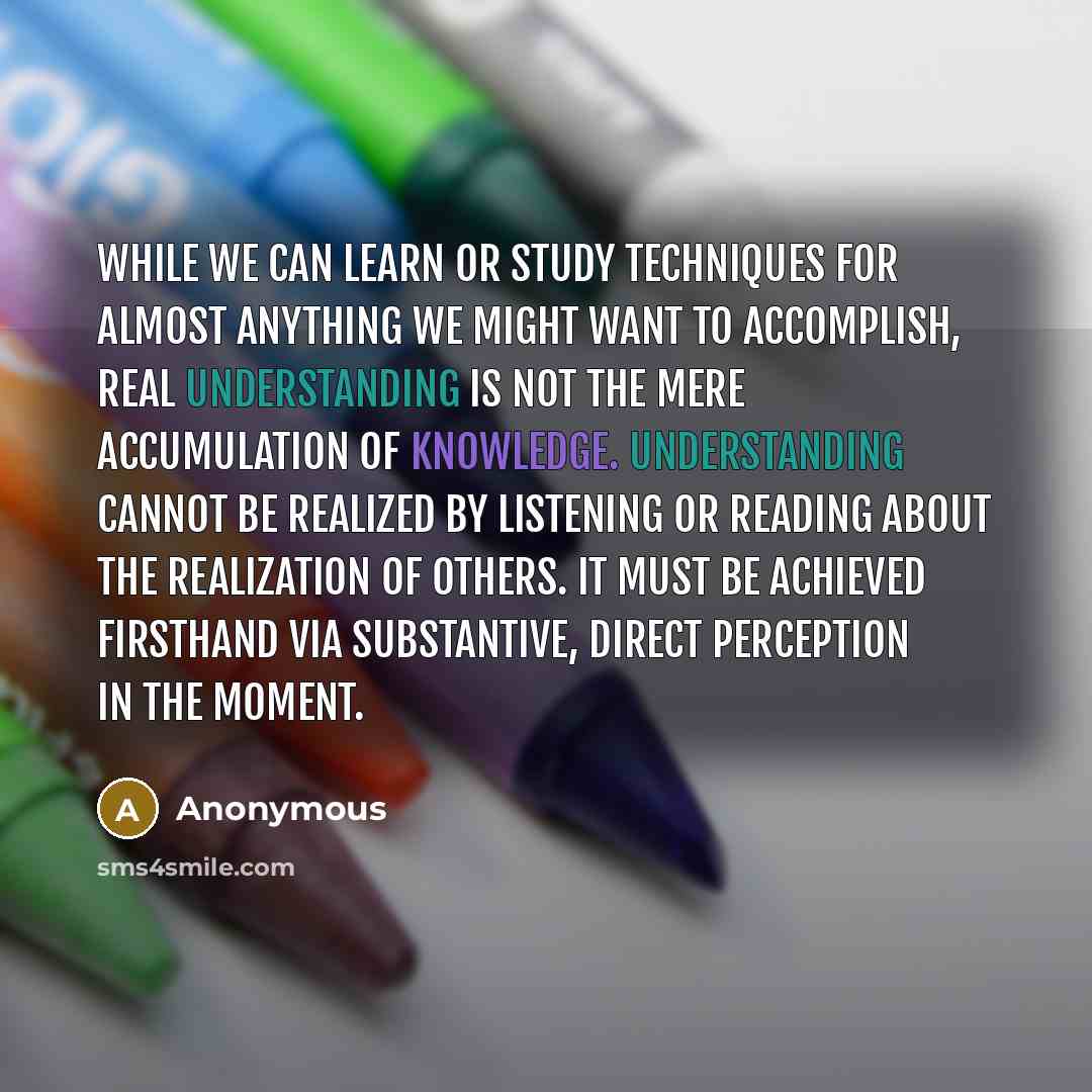 “While we can learn or study techniques for almost anything we might want to accomplish, real understanding is not the mere accumulation of knowledge. Understanding cannot be realized by listening or reading about the realization of others. It must be achieved firsthand via substantive, direct…” quote by Anonymous