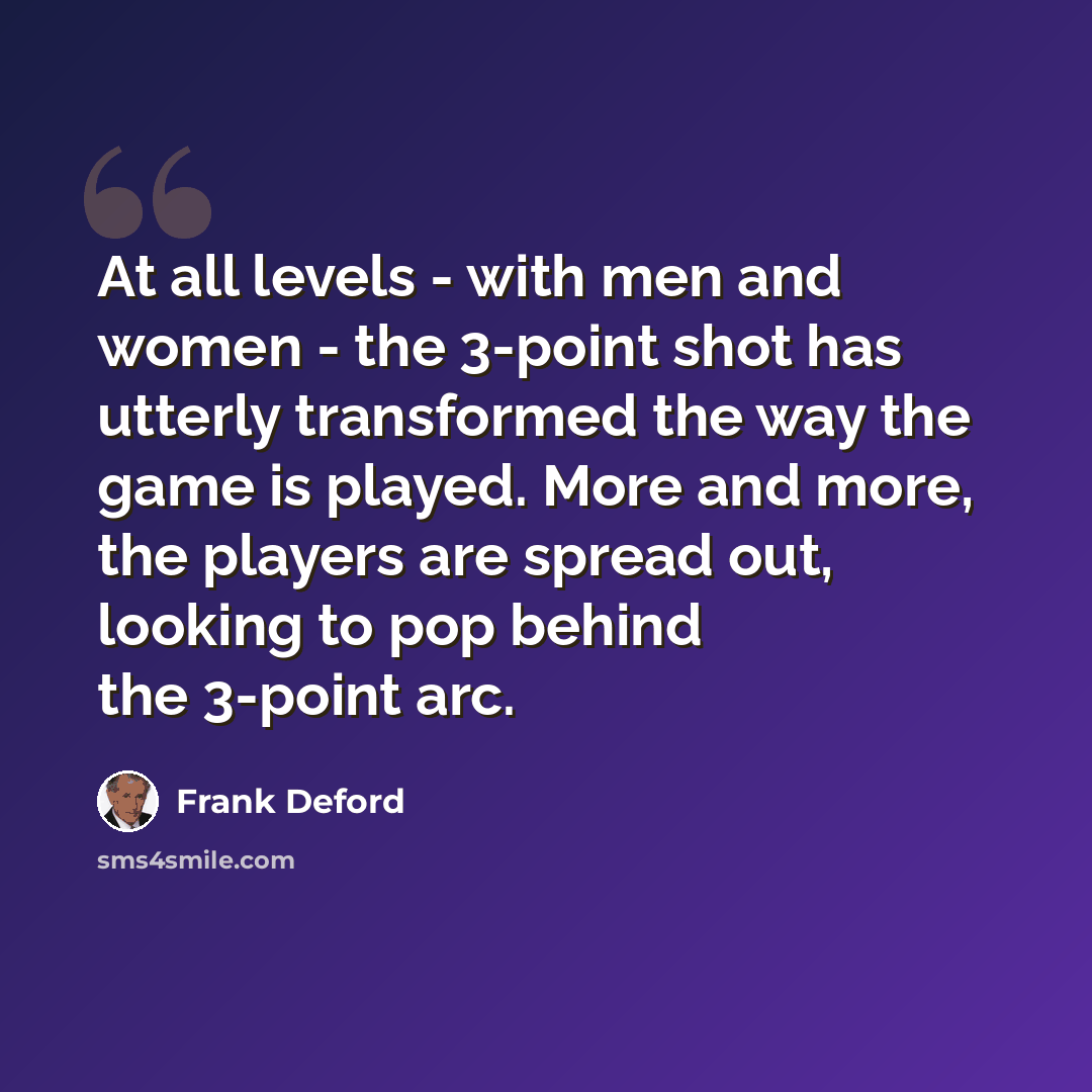“At all levels - with men and women - the 3-point shot has utterly transformed the way the game is played. More and more, the players are spread out, looking to pop behind the 3-point arc.” quote by Frank Deford