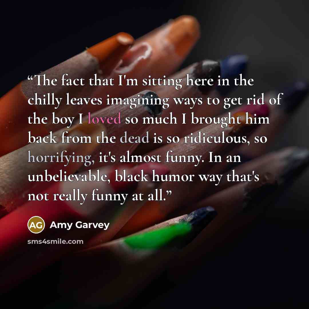 “The fact that I'm sitting here in the chilly leaves imagining ways to get rid of the boy I loved so much I brought him back from the dead is so ridiculous, so horrifying, it's almost funny. In an unbelievable, black humor way that's not really funny at all.” quote by Amy Garvey