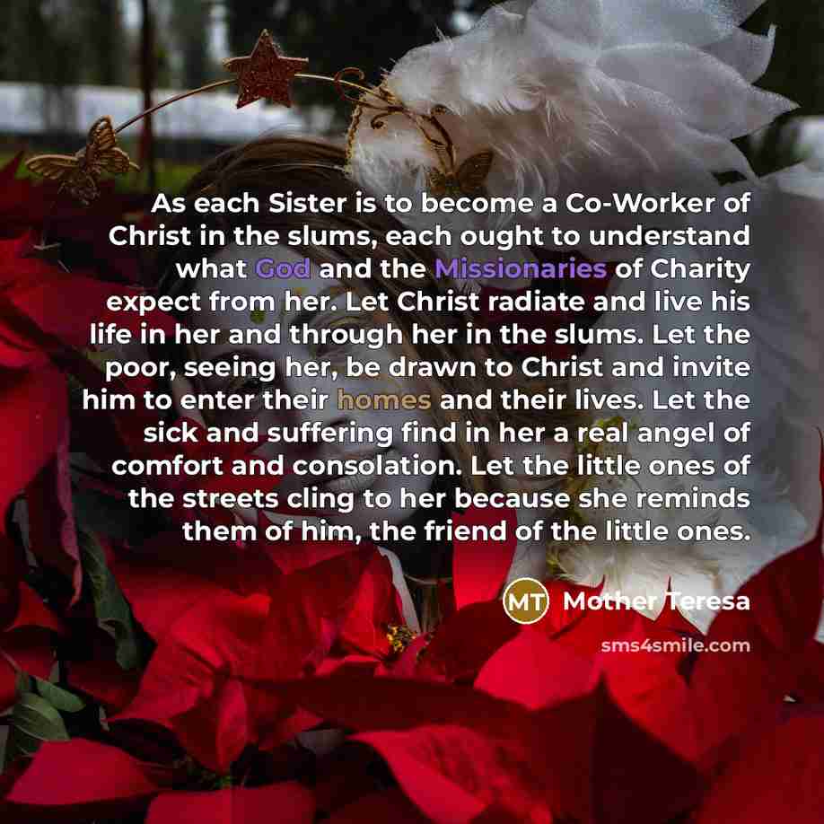 “As each Sister is to become a Co-Worker of Christ in the slums, each ought to understand what God and the Missionaries of Charity expect from her. Let Christ radiate and live his life in her and through her in the slums. Let the poor, seeing her, be drawn to Christ and invite him to enter their…” quote by Mother Teresa