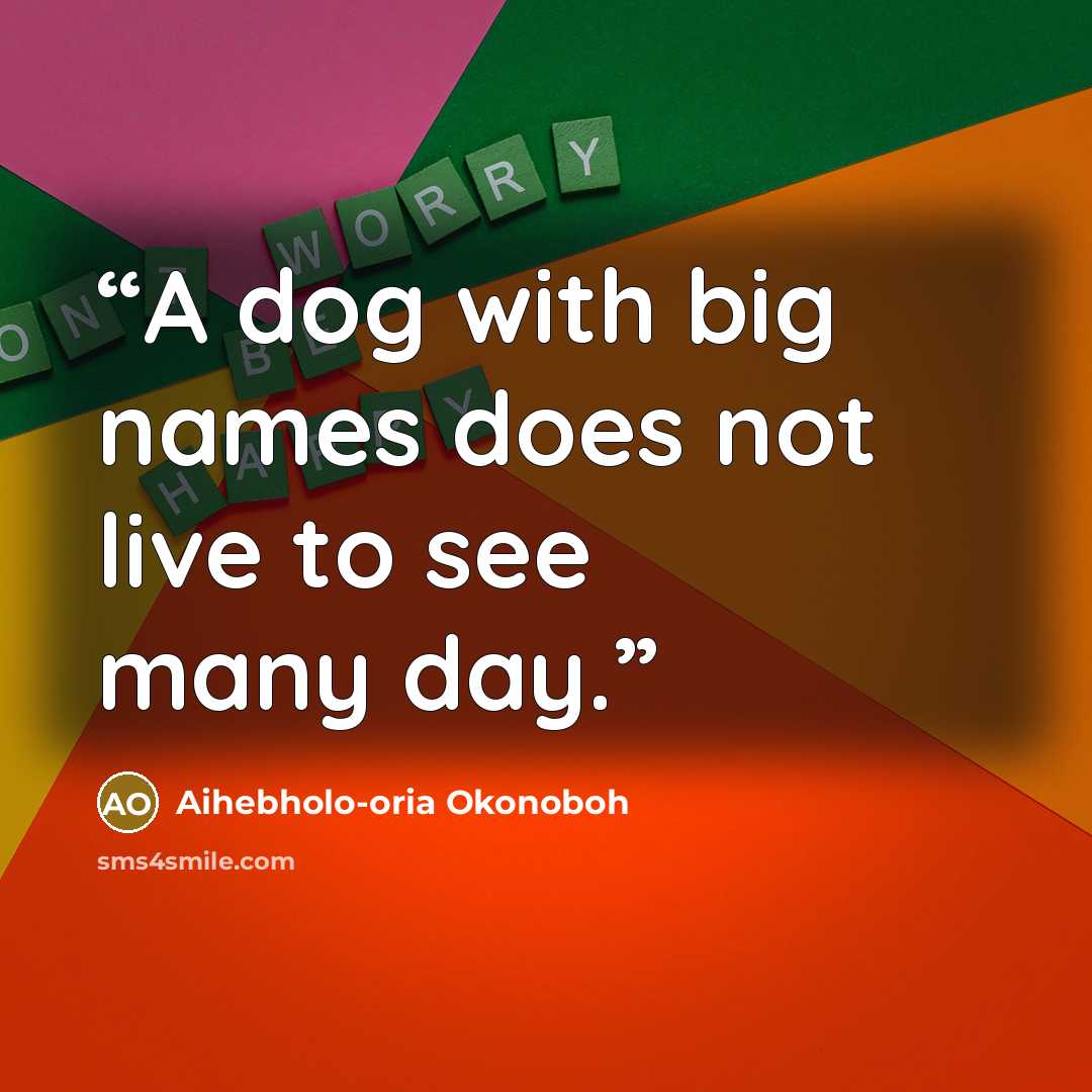 “A dog with big names does not live to see many day.” quote by Aihebholo-oria Okonoboh