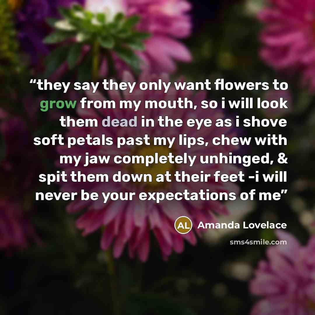 “they say they only want flowers to grow from my mouth, so i will look them dead in the eye as i shove soft petals past my lips, chew with my jaw completely unhinged, & spit them down at their feet -i will never be your expectations of me” quote by Amanda Lovelace