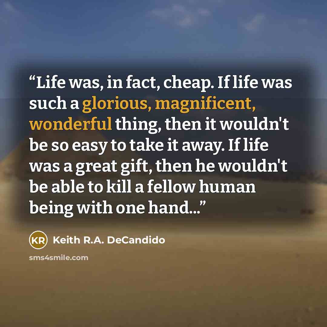 “Life was, in fact, cheap. If life was such a glorious, magnificent, wonderful thing, then it wouldn't be so easy to take it away. If life was a great gift, then he wouldn't be able to kill a fellow human being with one hand...” quote by Keith R.A. DeCandido