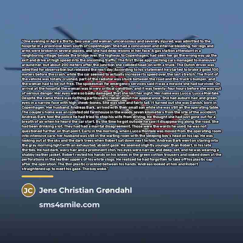 “One evening in April a thirty-two-year-old woman, unconscious and severely injured, was admitted to the hospital in a provincial town south of Copenhagen. She had a concussion and internal bleeding, her legs and arms were broken in several places, and she had deep lesions in her face. A gas…” quote by Jens Christian Grøndahl