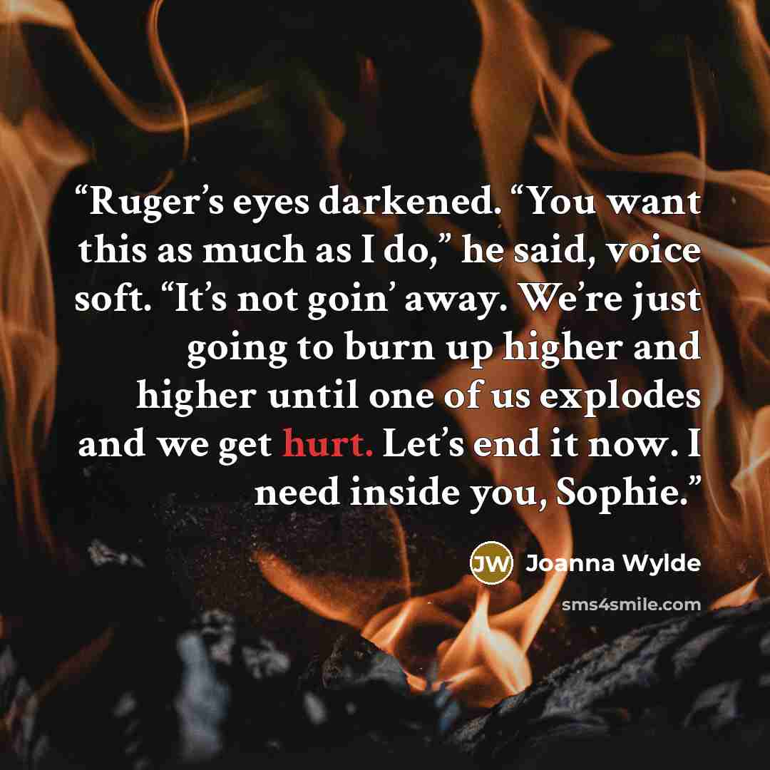 “Ruger’s eyes darkened. “You want this as much as I do,” he said, voice soft. “It’s not goin’ away. We’re just going to burn up higher and higher until one of us explodes and we get hurt. Let’s end it now. I need inside you, Sophie.” quote by Joanna Wylde