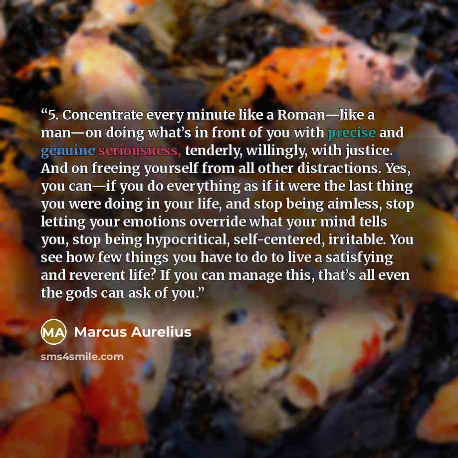 “5. Concentrate every minute like a Roman—like a man—on doing what’s in front of you with precise and genuine seriousness, tenderly, willingly, with justice. And on freeing yourself from all other distractions. Yes, you can—if you do everything as if it were the last thing you were doing in your…” quote by Marcus Aurelius