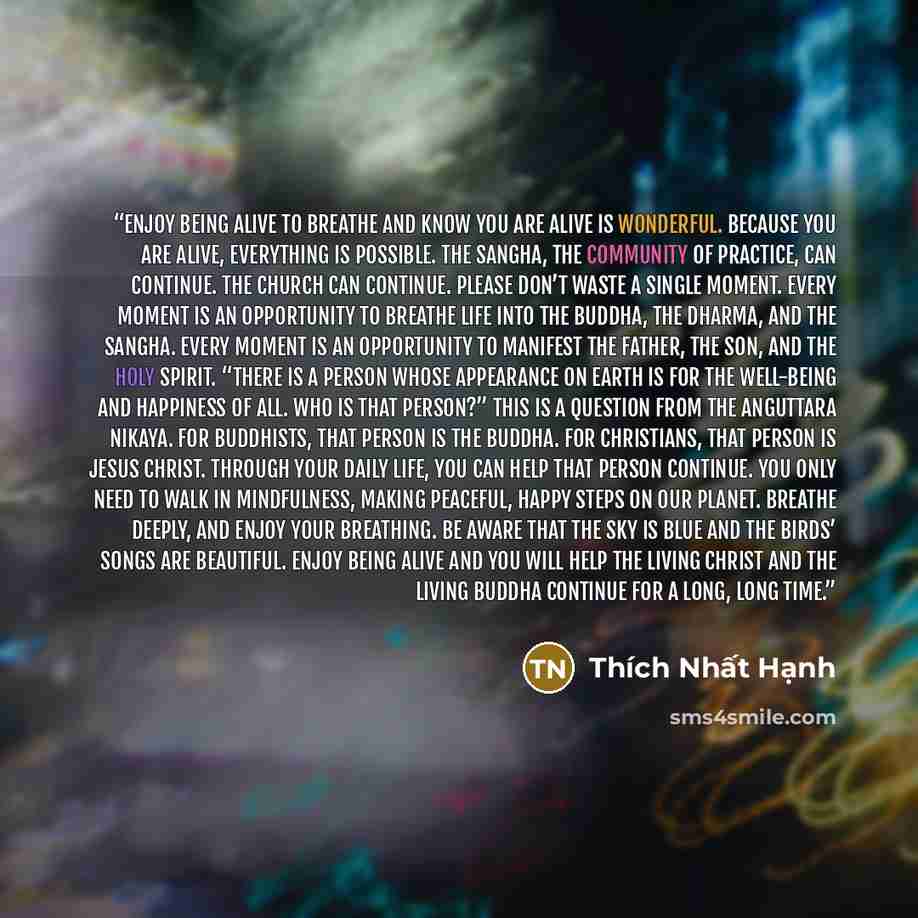 “ENJOY BEING ALIVE To breathe and know you are alive is wonderful. Because you are alive, everything is possible. The Sangha, the community of practice, can continue. The church can continue. Please don’t waste a single moment. Every moment is an opportunity to breathe life into the Buddha, the…” quote by Thich Nhat Hanh