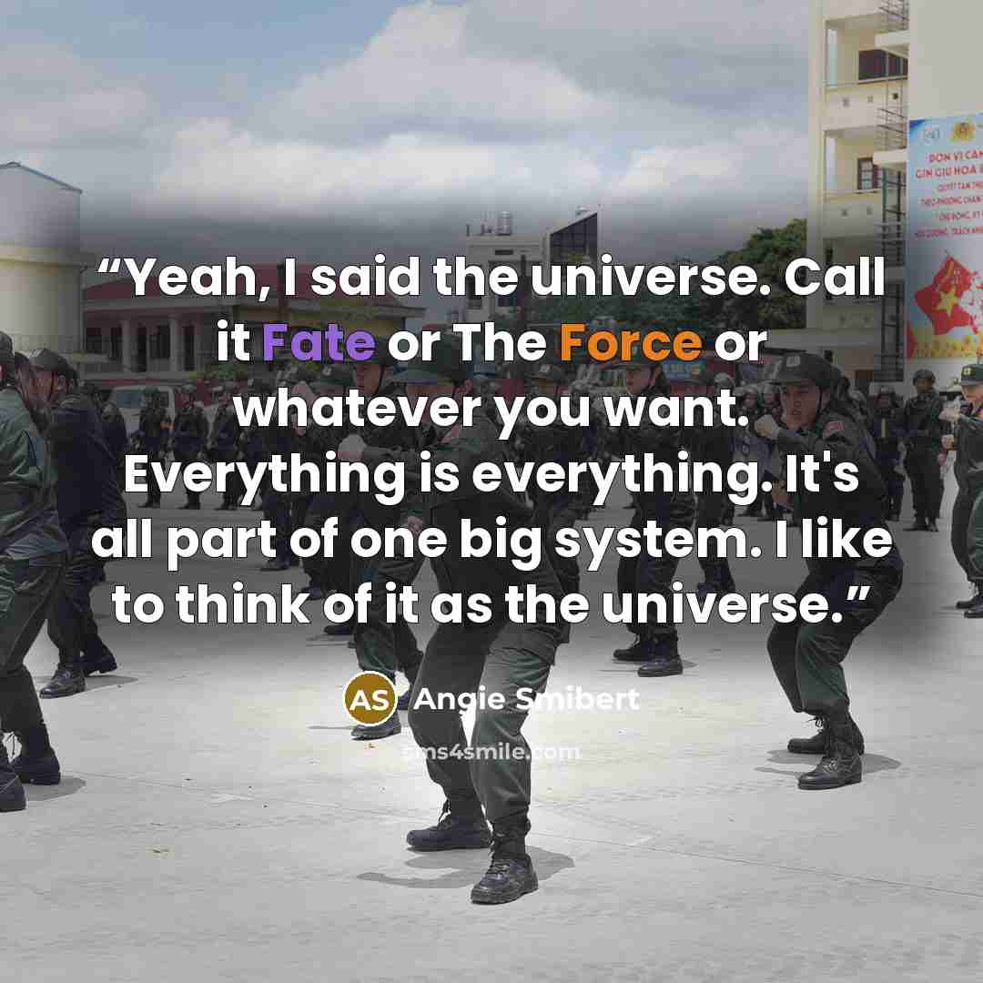 “Yeah, I said the universe. Call it Fate or The Force or whatever you want. Everything is everything. It's all part of one big system. I like to think of it as the universe.” quote by Angie Smibert